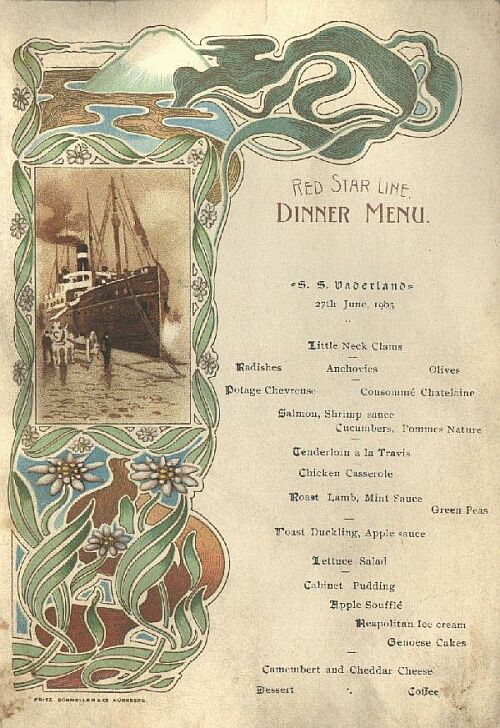 Speisekarte | Red Star Line - S. S. Vaderland | Au&szlig;enansicht